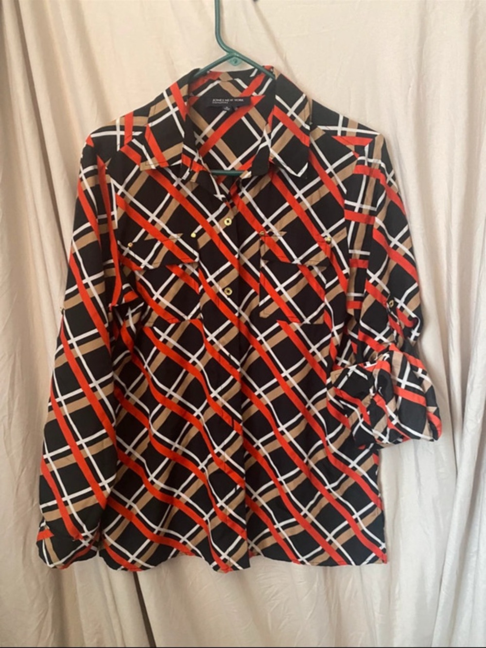 Jones New York Black Button-Down Shirt with Orange, White and Tan Plaid
